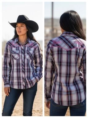 Cowgirl Hardware Shirt Top Button Down Sz XL 14 16 Plaid Western Rodeo Pink